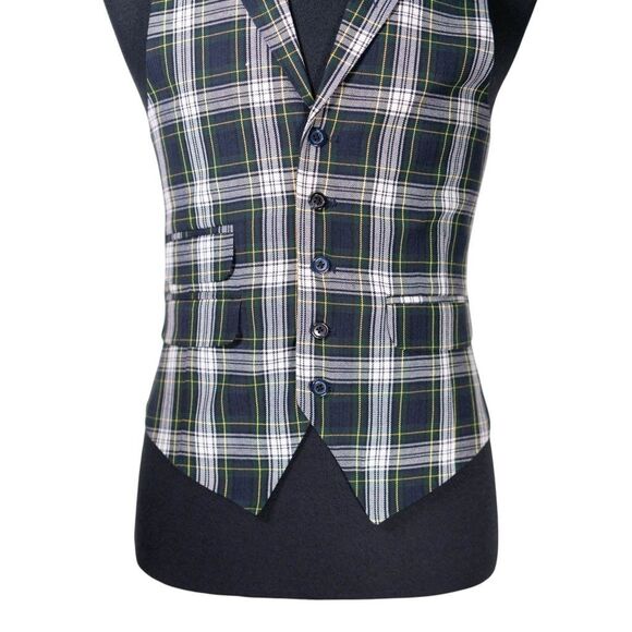 Mens Vest 40R Tartan Plaid Blue Green White Waistcoat Preppy Casual Formal Party - Picture 5 of 10